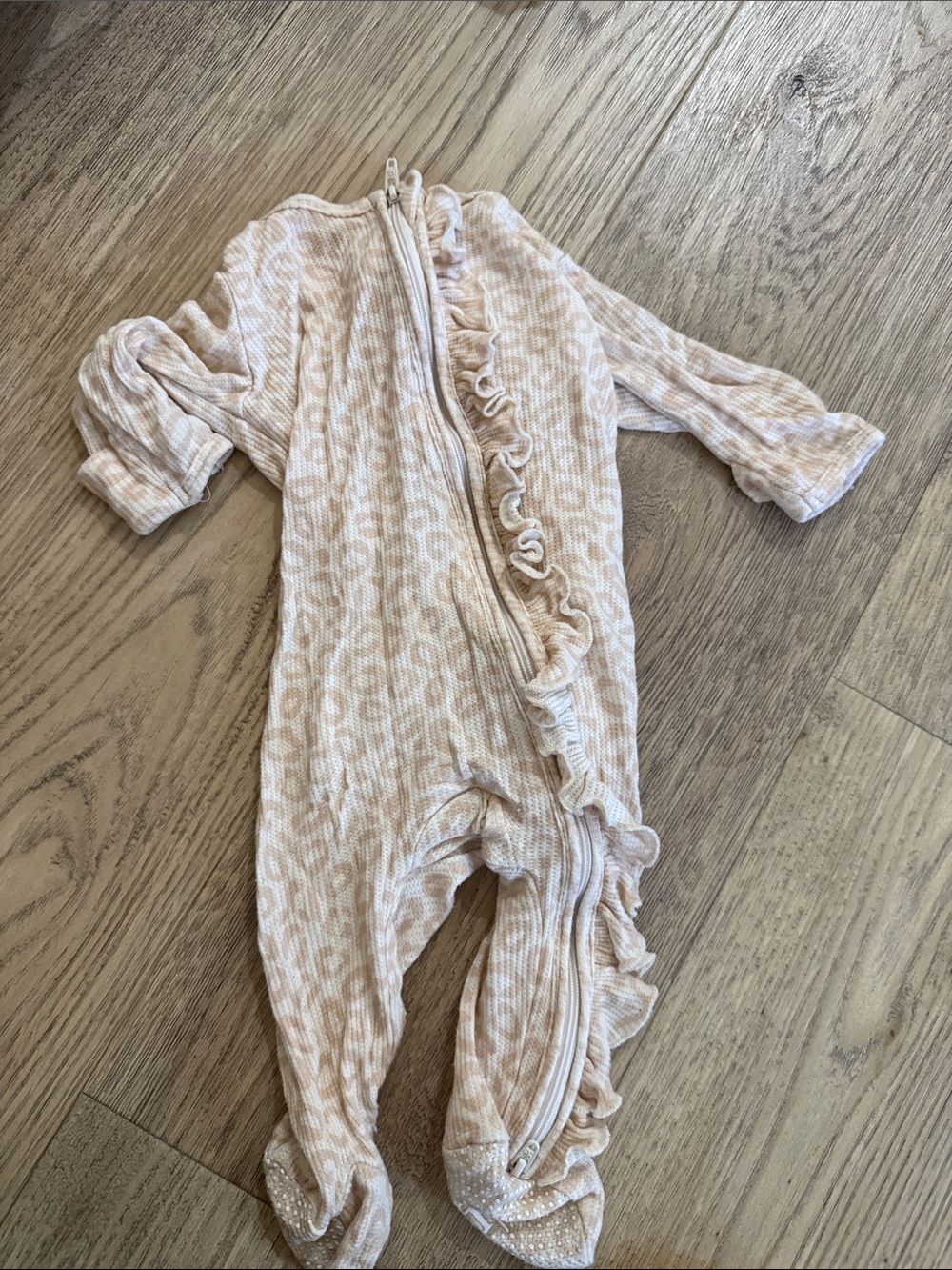 Caden Lane Ruffled Zip Front Footed One-Piece in Light Beige Leopard